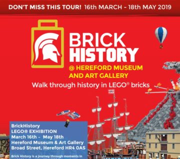 Poster for the Lego Brick History exhibition in Hereford MArch-May 2019