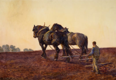 Horses harrowing painted by artist Brian Hatton
